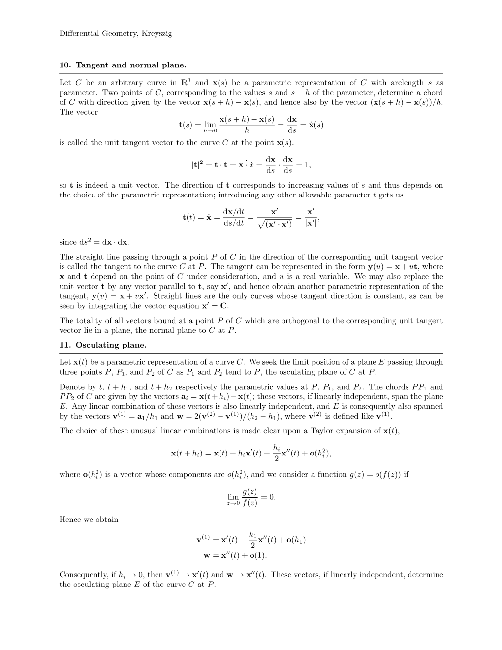 Differential Geometry, Kreyszig 10. Tangent and Normal Plane. Let C Be an Arbitrary Curve in R 3 and X(S) Be a Parametric Repres