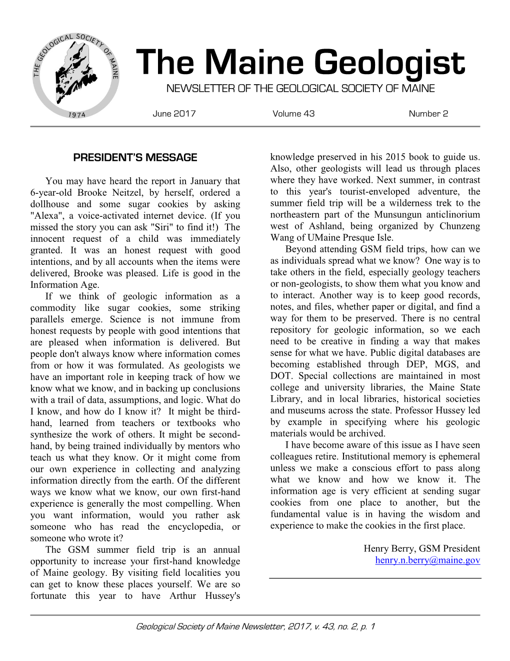 The Maine Geologist NEWSLETTER of the GEOLOGICAL SOCIETY of MAINE