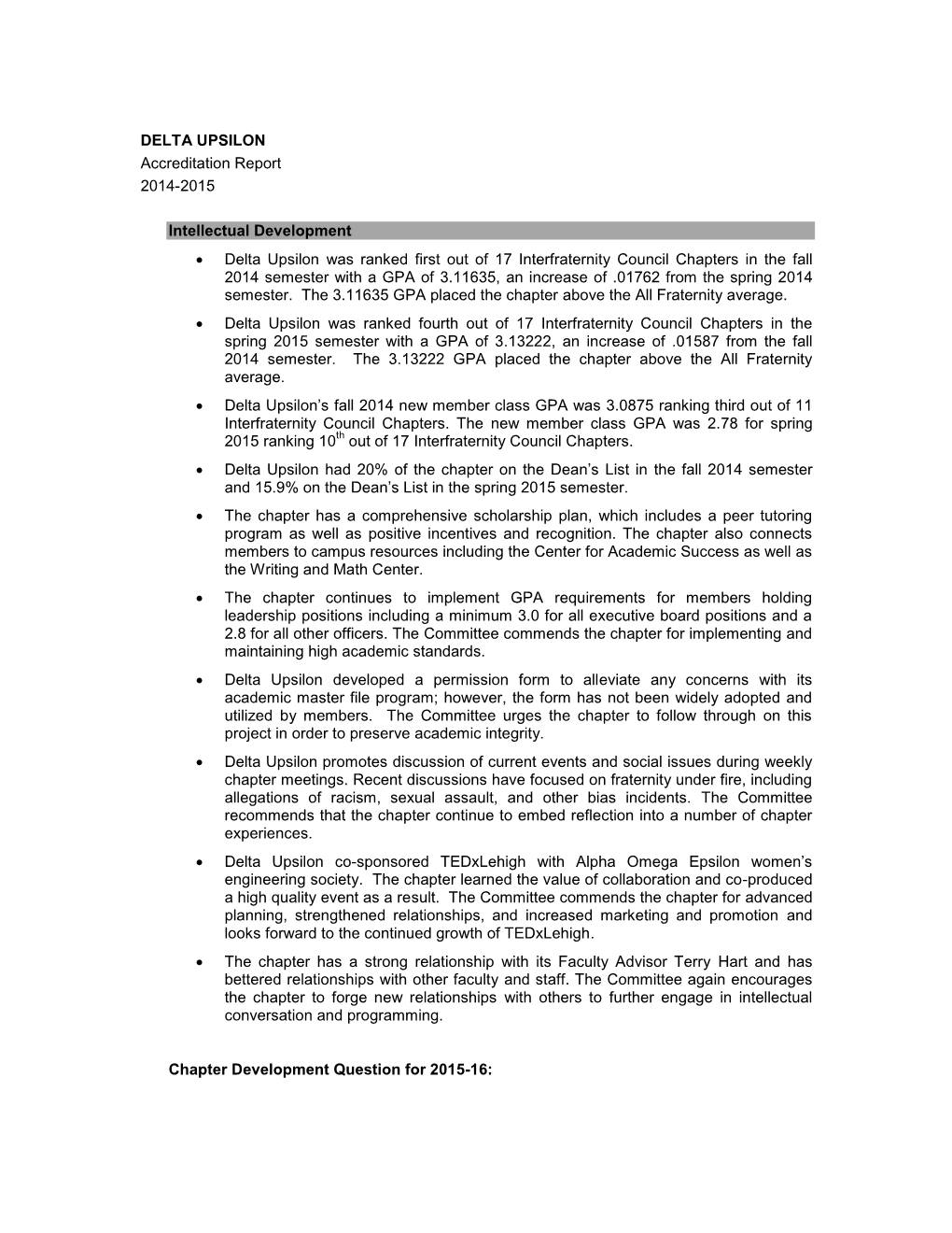 DELTA UPSILON Accreditation Report 2014-2015