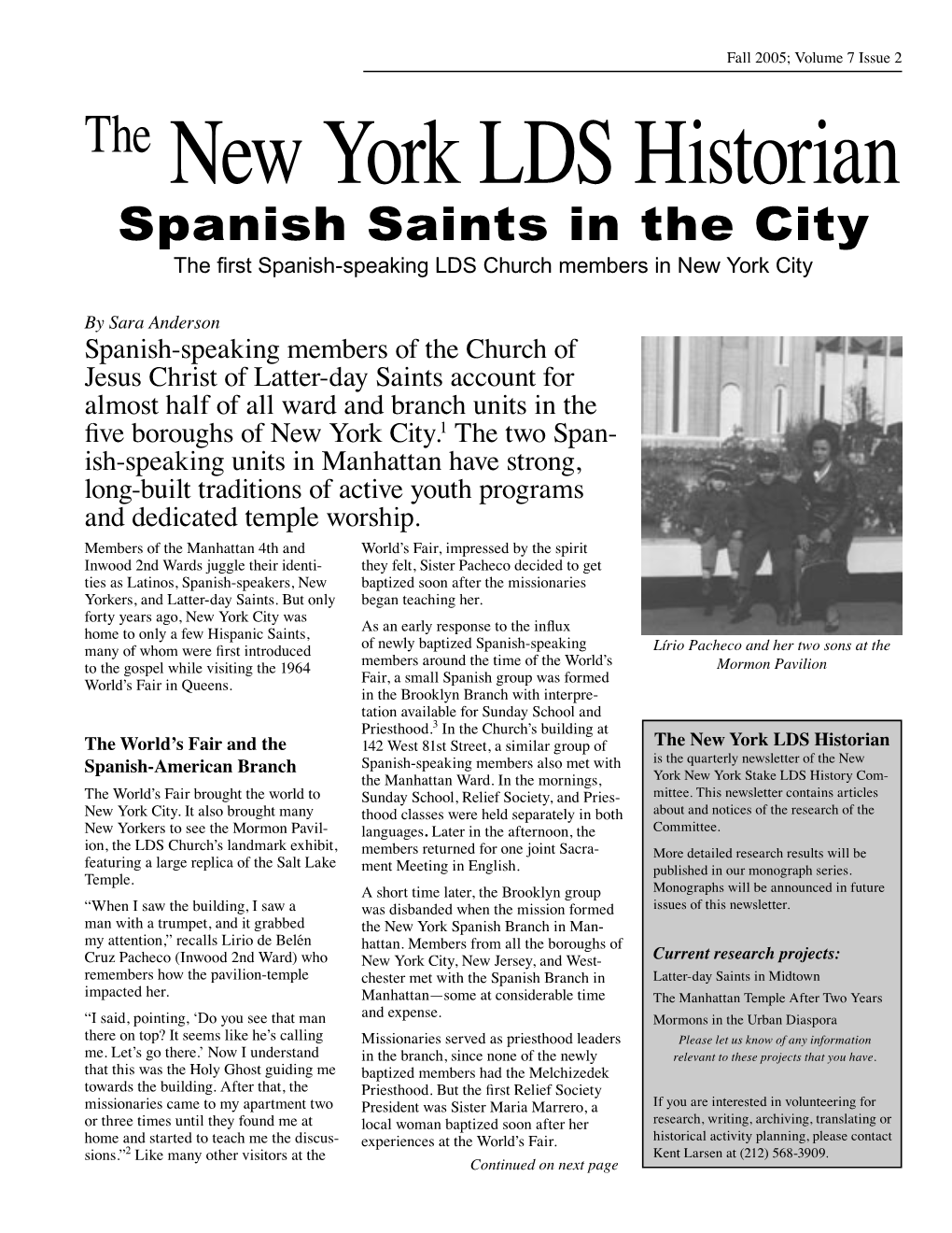 The New York LDS Historian Spanish Saints in the City the ﬁrst Spanish-Speaking LDS Church Members in New York City