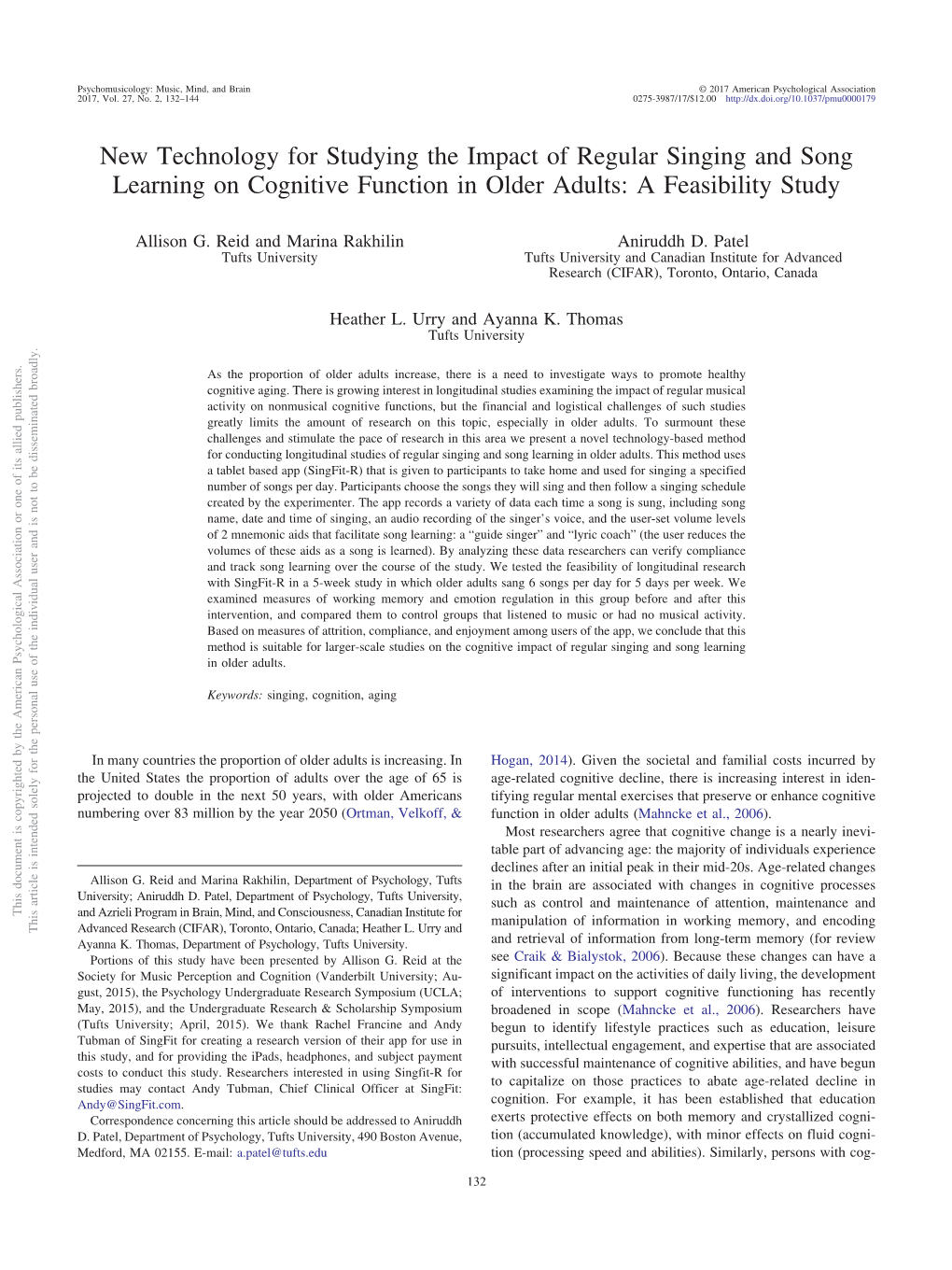 New Technology for Studying the Impact of Regular Singing and Song Learning on Cognitive Function in Older Adults: a Feasibility Study