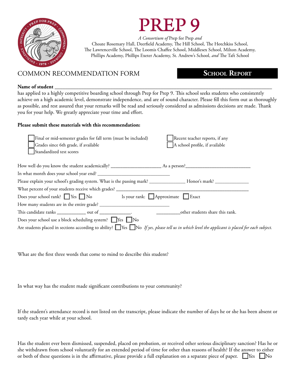 COMMON RECOMMENDATION FORM School Report