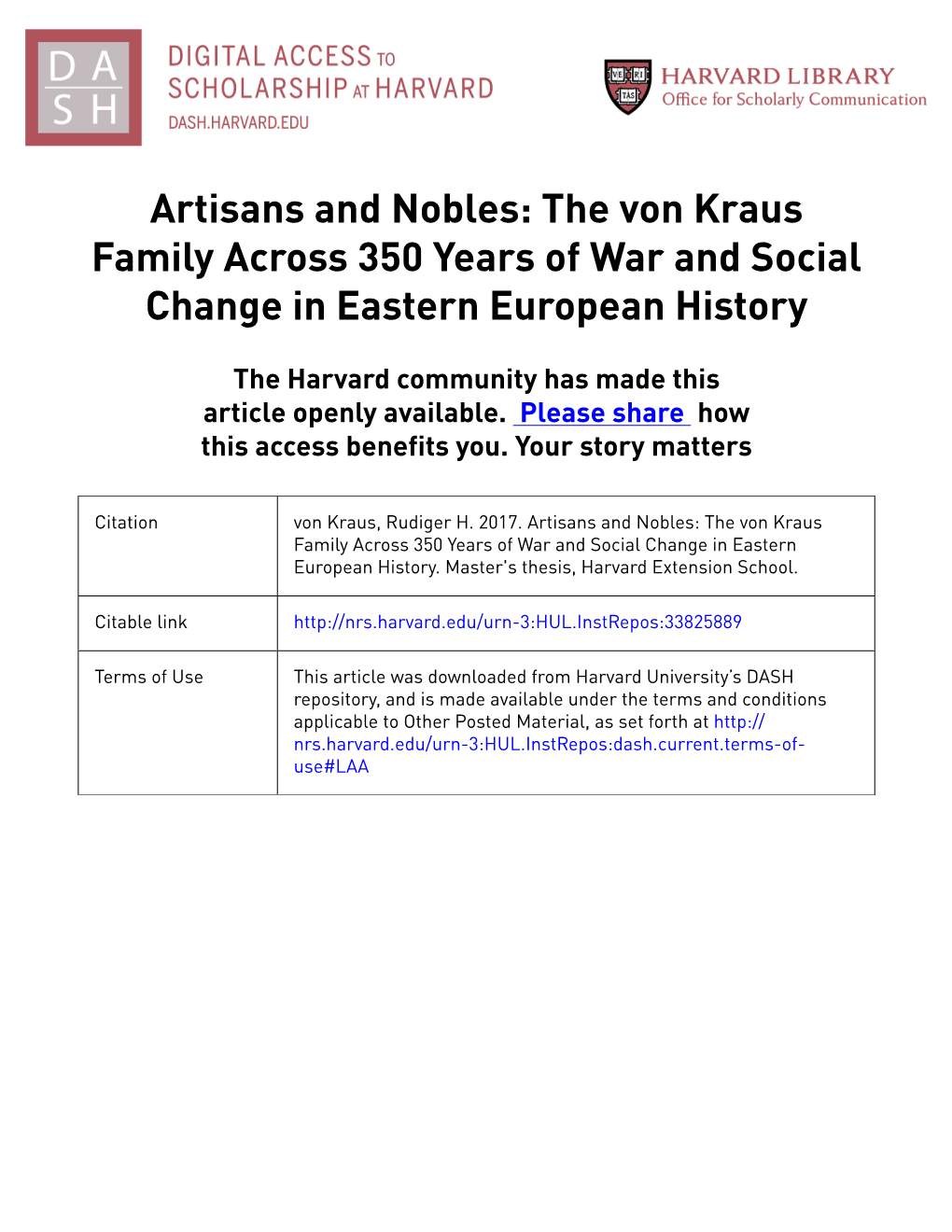 The Von Kraus Family Across 350 Years of War and Social Change in Eastern European History