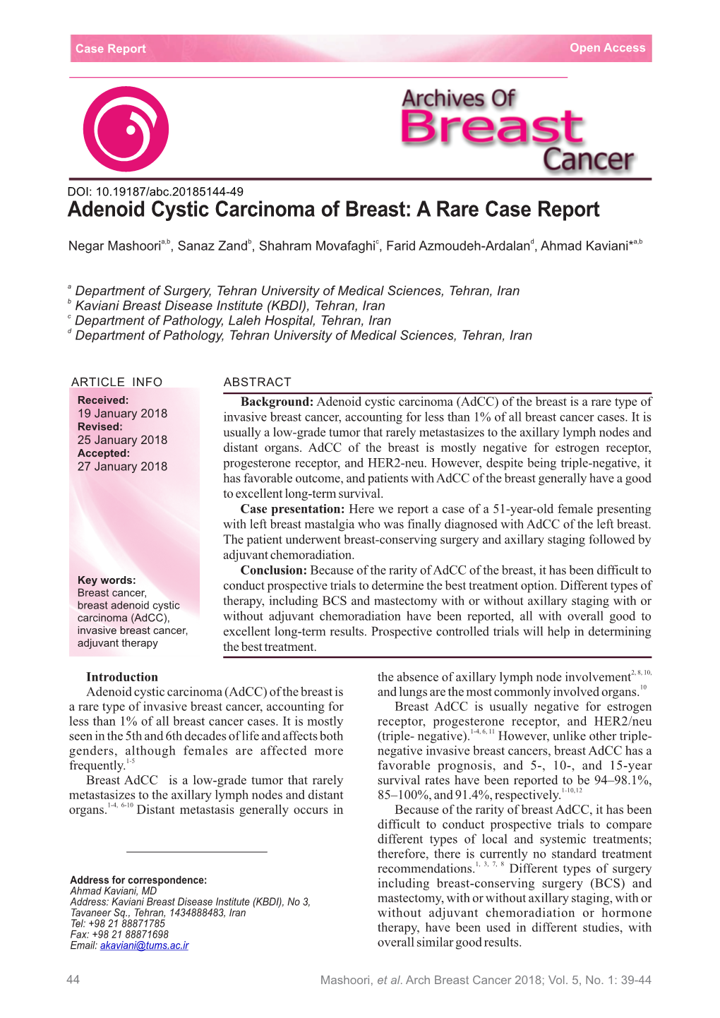 Adenoid Cystic Carcinoma of Breast: a Rare Case Report