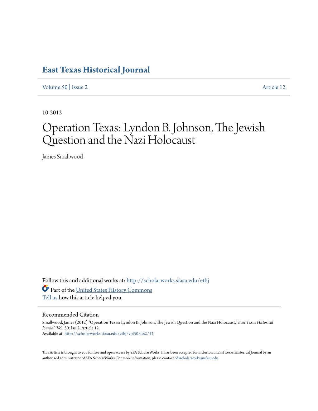 Operation Texas: Lyndon B. Johnson, the Jewish Question and the Nazi Holocaust