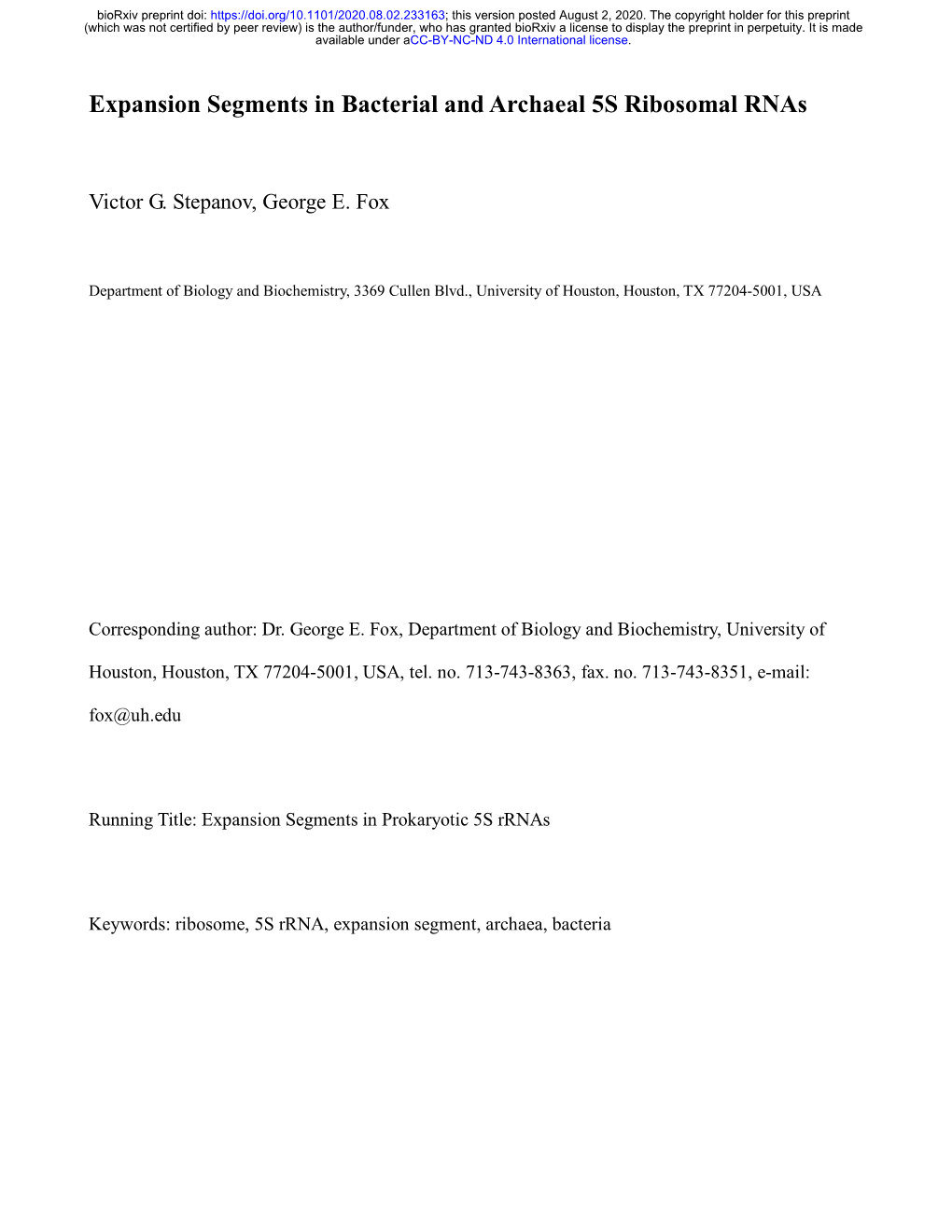 Expansion Segments in Bacterial and Archaeal 5S Ribosomal Rnas