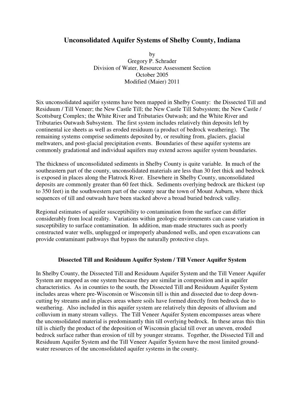 Unconsolidated Aquifer Systems of Shelby County, Indiana