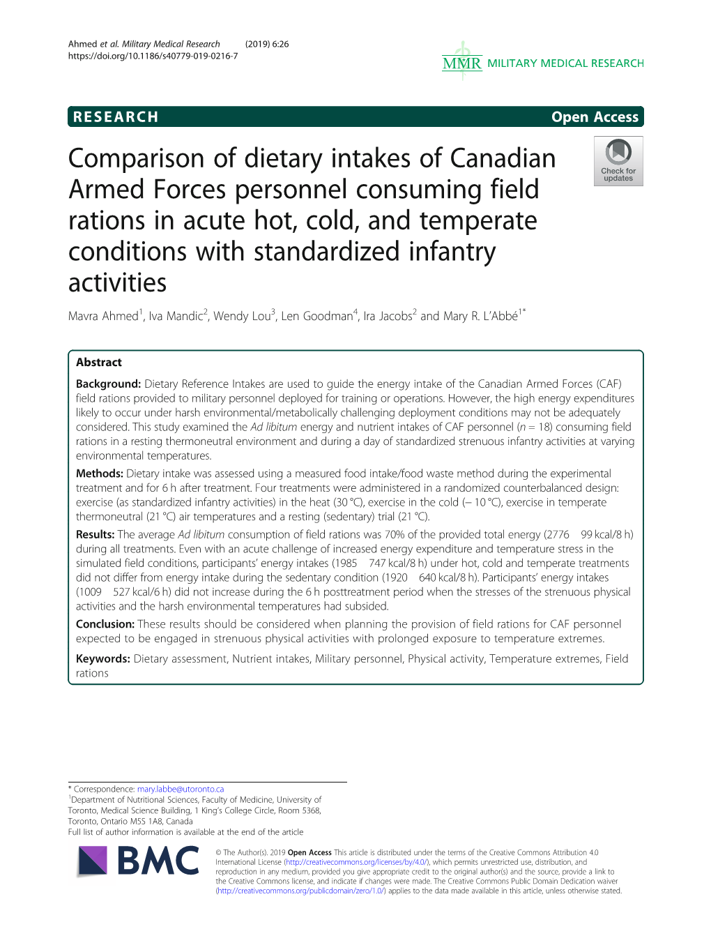 Comparison of Dietary Intakes of Canadian Armed Forces Personnel