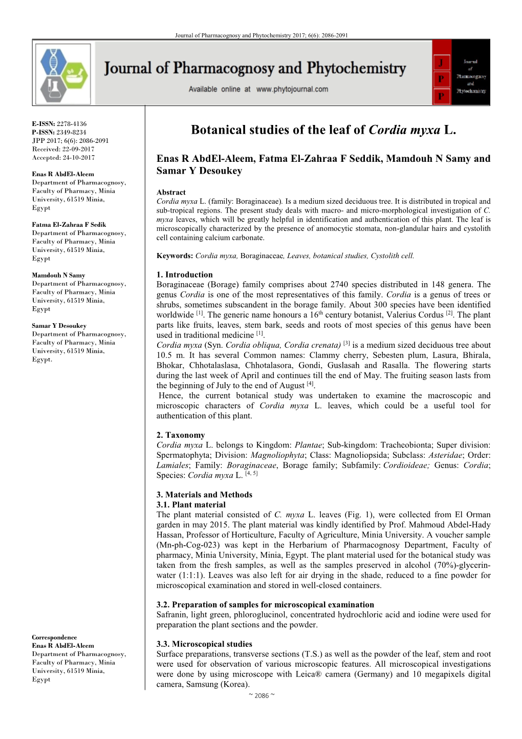 Botanical Studies of the Leaf of Cordia Myxa L