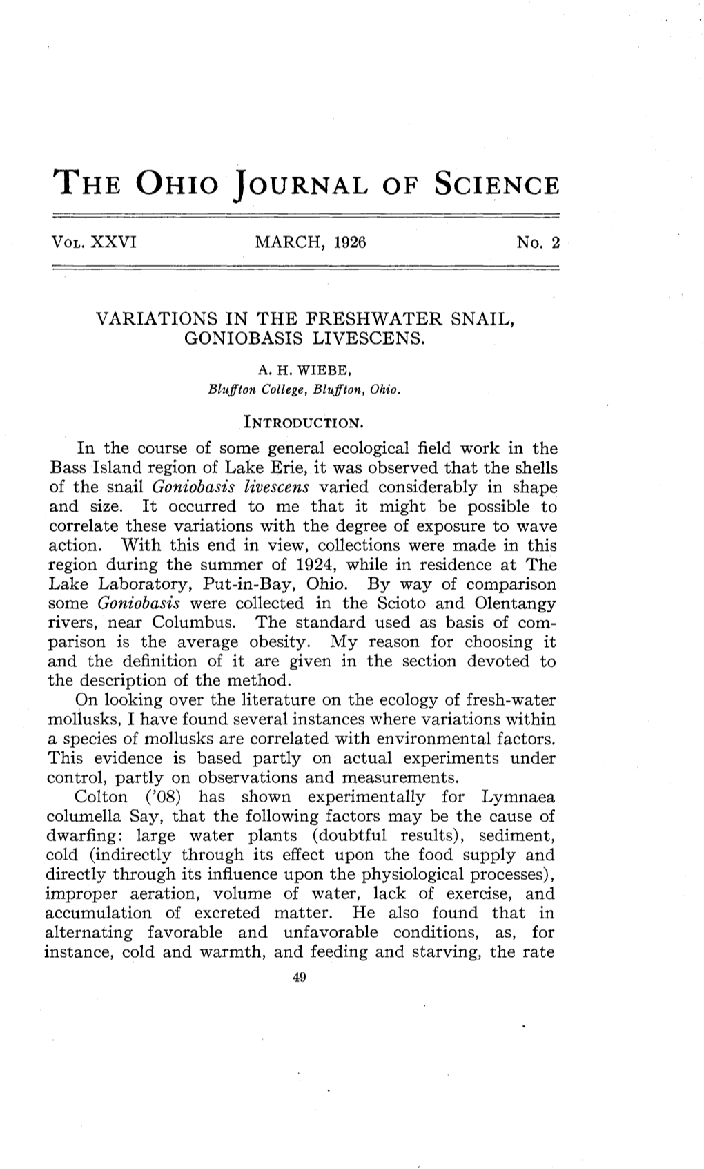 Variations in the Freshwater Snail, Goniobasis Livescens