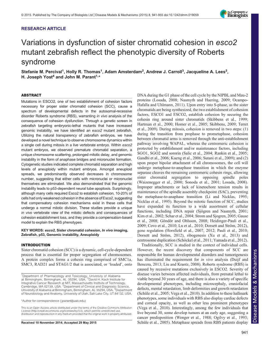 Variations in Dysfunction of Sister Chromatid Cohesion in Esco2 Mutant Zebrafish Reflect the Phenotypic Diversity of Roberts Syndrome Stefanie M