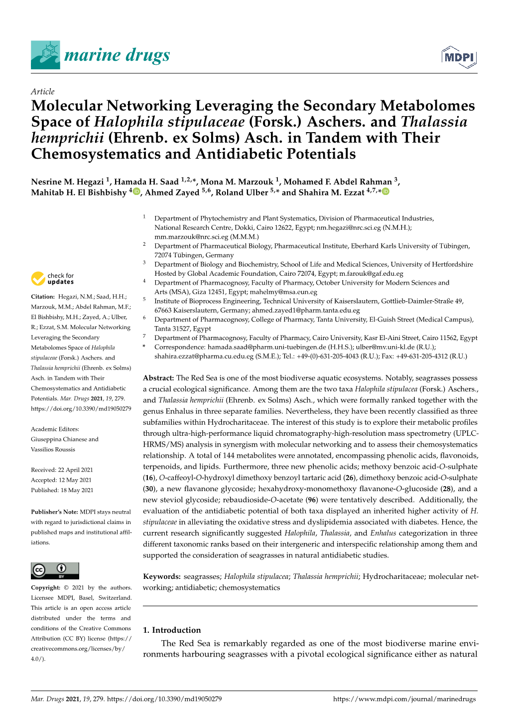 Molecular Networking Leveraging the Secondary Metabolomes Space of Halophila Stipulaceae (Forsk.) Aschers. and Thalassia Hemprichii (Ehrenb