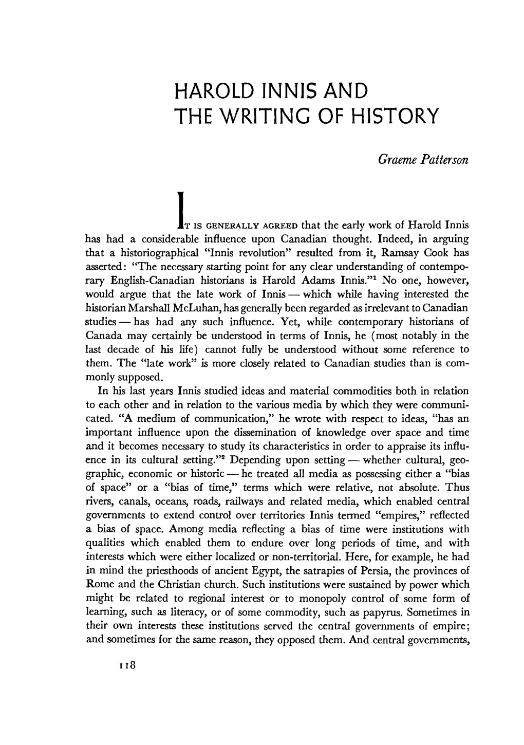 Harold Innis and the Writing of History