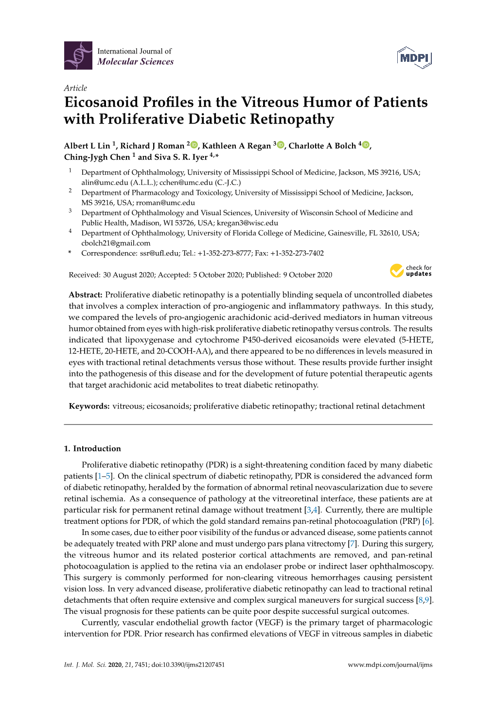 Eicosanoid Profiles in the Vitreous Humor of Patients with Proliferative Diabetic Retinopathy