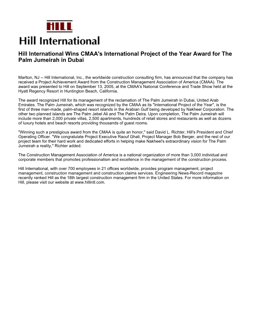 Hill International Wins CMAA's International Project of the Year Award for the Palm Jumeirah in Dubai
