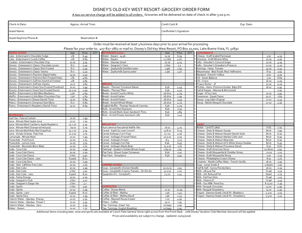 DISNEY's OLD KEY WEST RESORT-GROCERY ORDER FORM a $10.00 Service Charge Will Be Added to All Orders