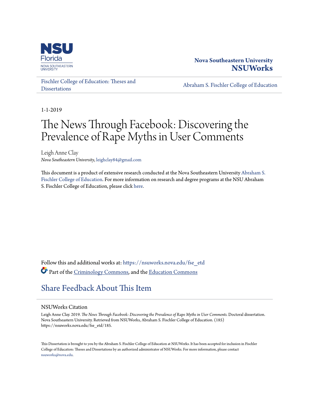 Discovering the Prevalence of Rape Myths in User Comments Leigh Anne Clay Nova Southeastern University, Leighclay84@Gmail.Com