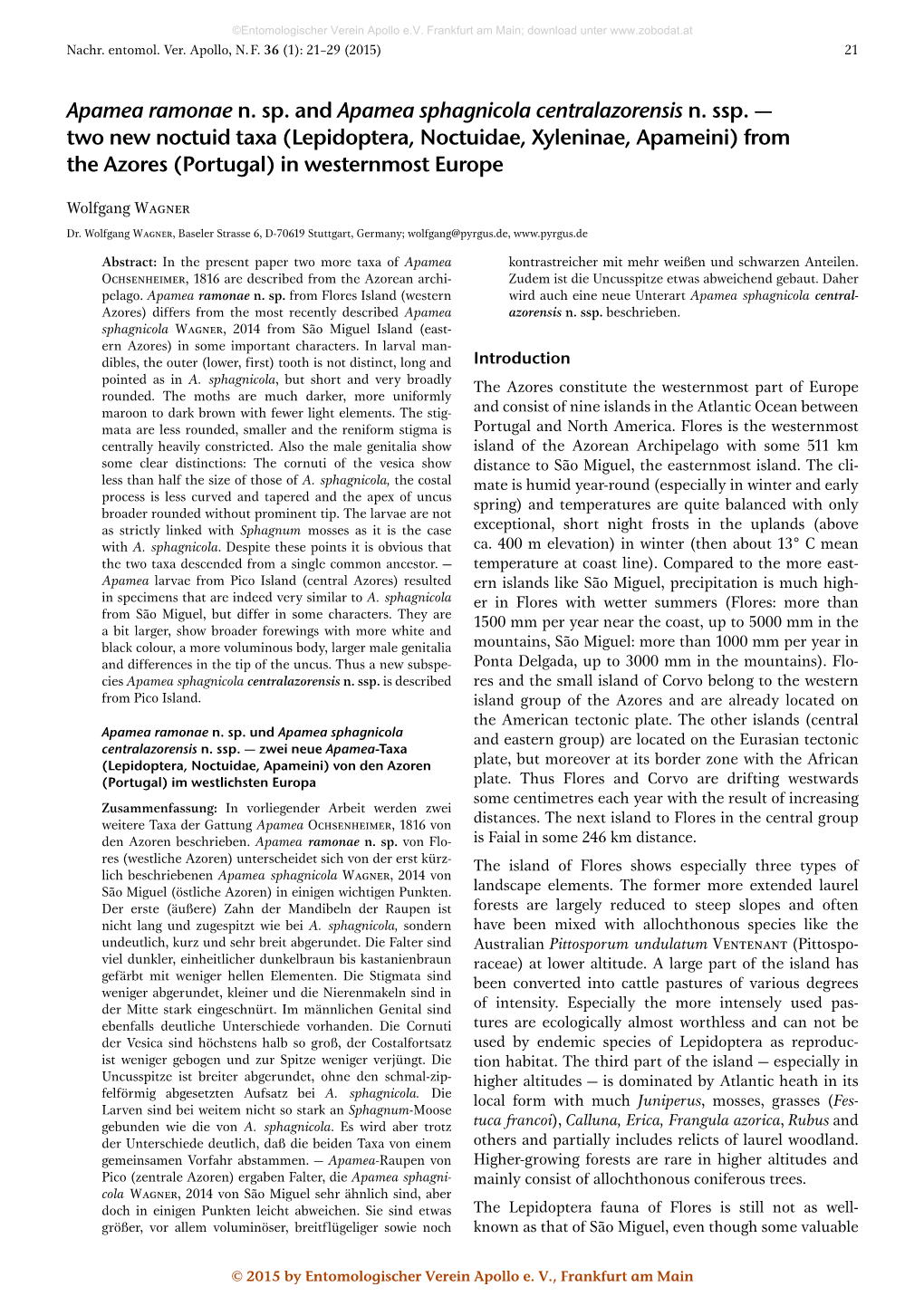 Apamea Ramonae N. Sp. and Apamea Sphagnicola Centralazorensis N. Ssp