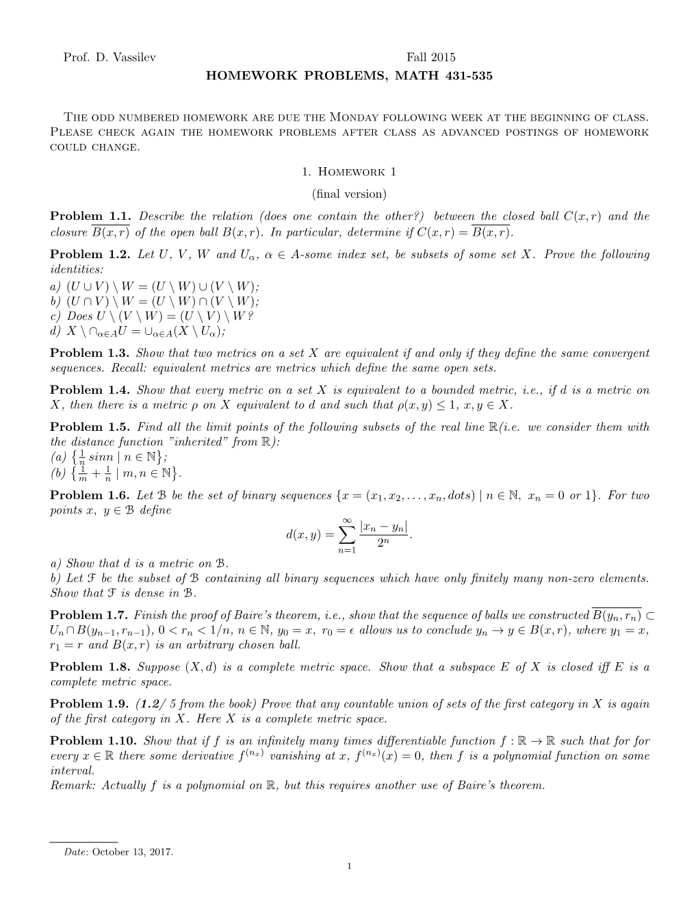 Prof. D. Vassilev Fall 2015 HOMEWORK PROBLEMS, MATH 431-535