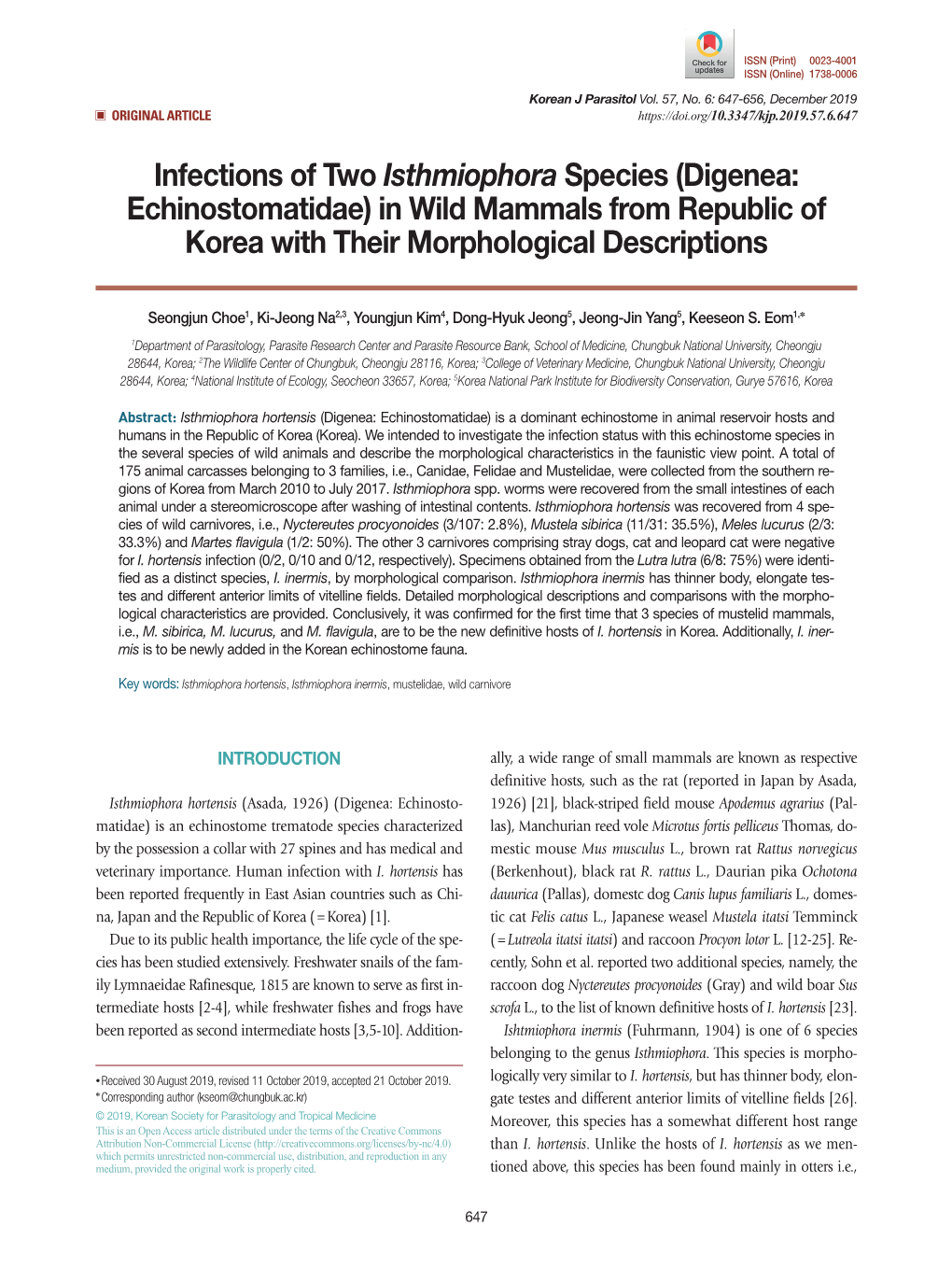 Digenea: Echinostomatidae) in Wild Mammals from Republic of Korea with Their Morphological Descriptions