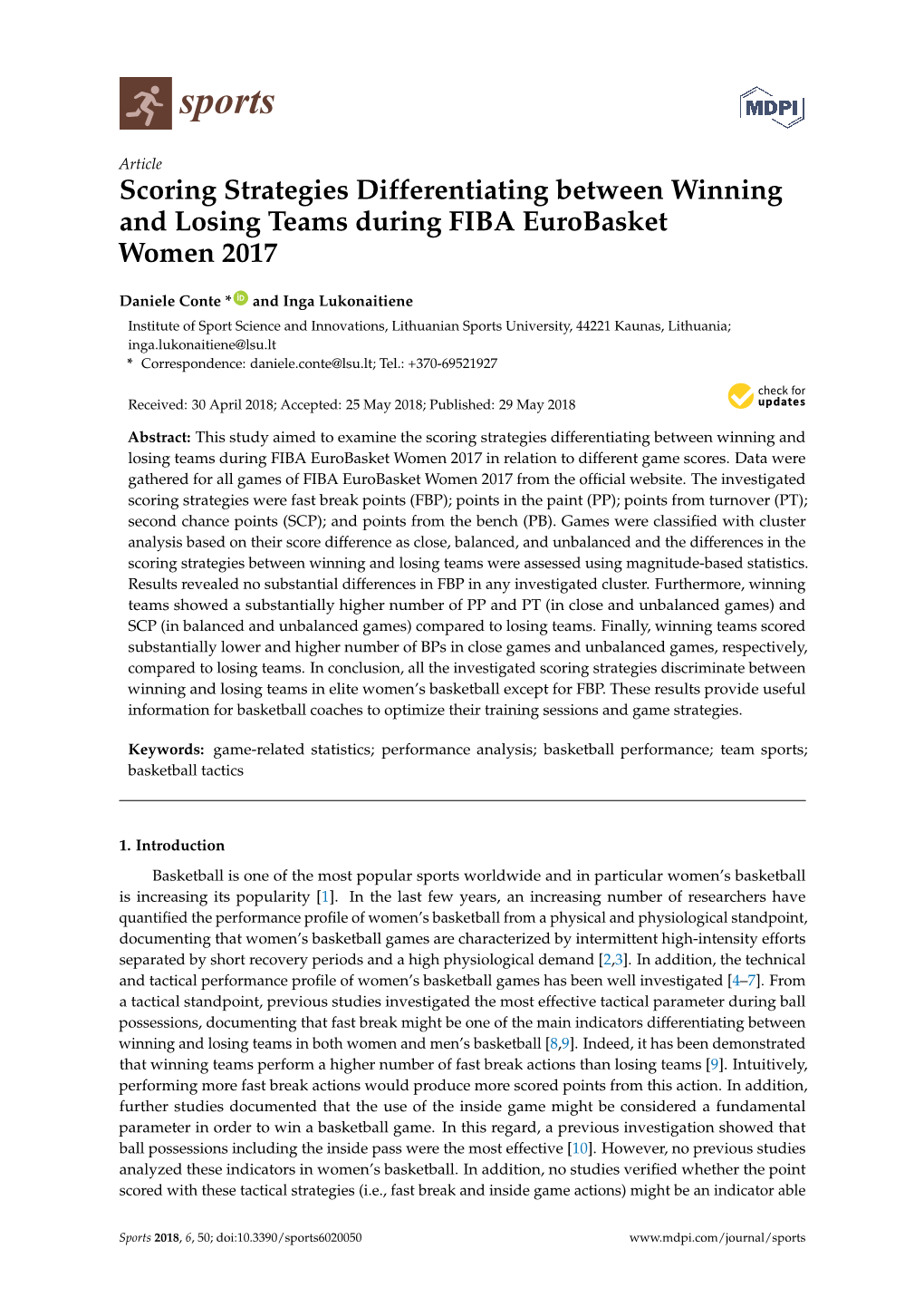 Scoring Strategies Differentiating Between Winning and Losing Teams During FIBA Eurobasket Women 2017