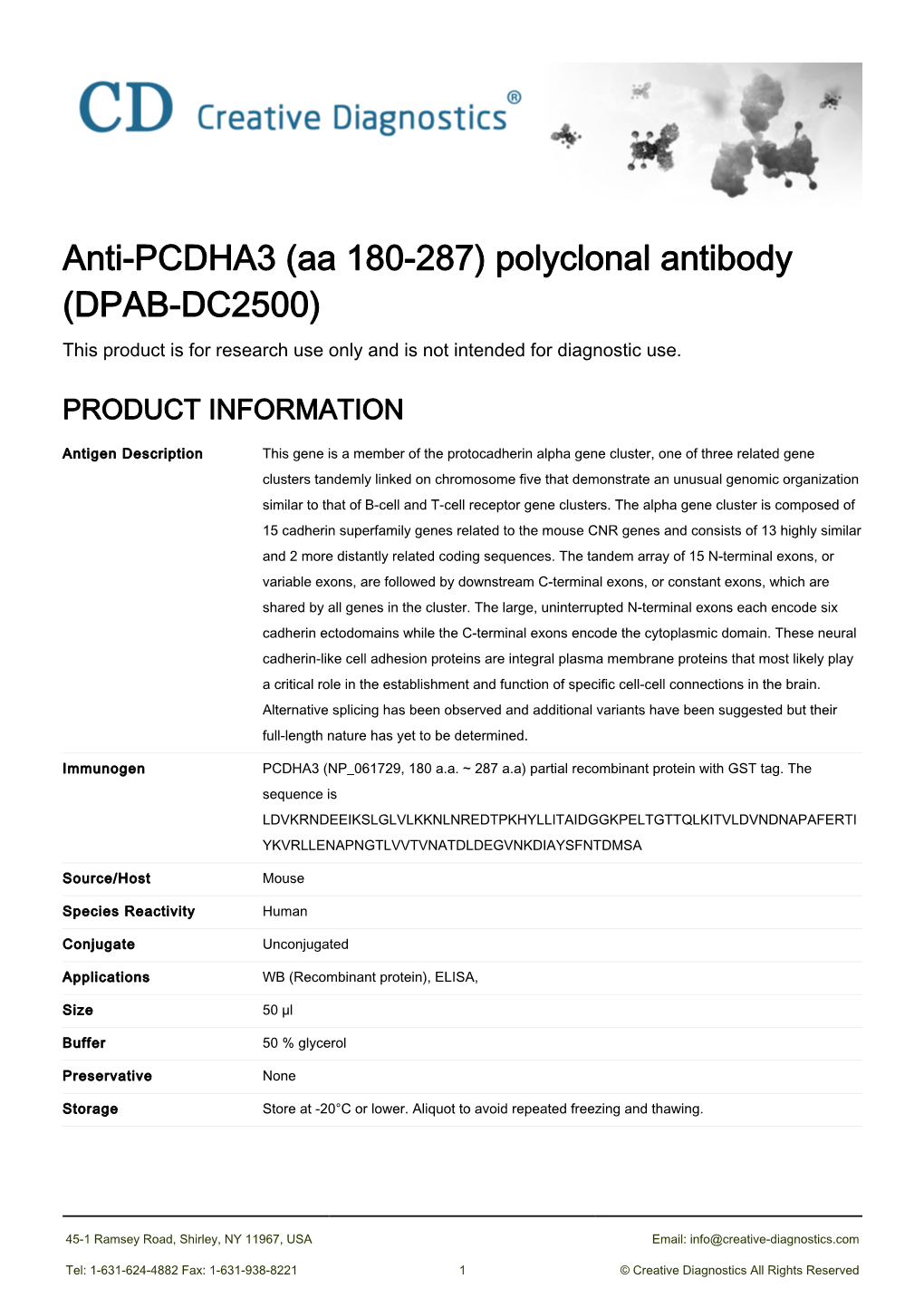 Anti-PCDHA3 (Aa 180-287) Polyclonal Antibody (DPAB-DC2500) This Product Is for Research Use Only and Is Not Intended for Diagnostic Use