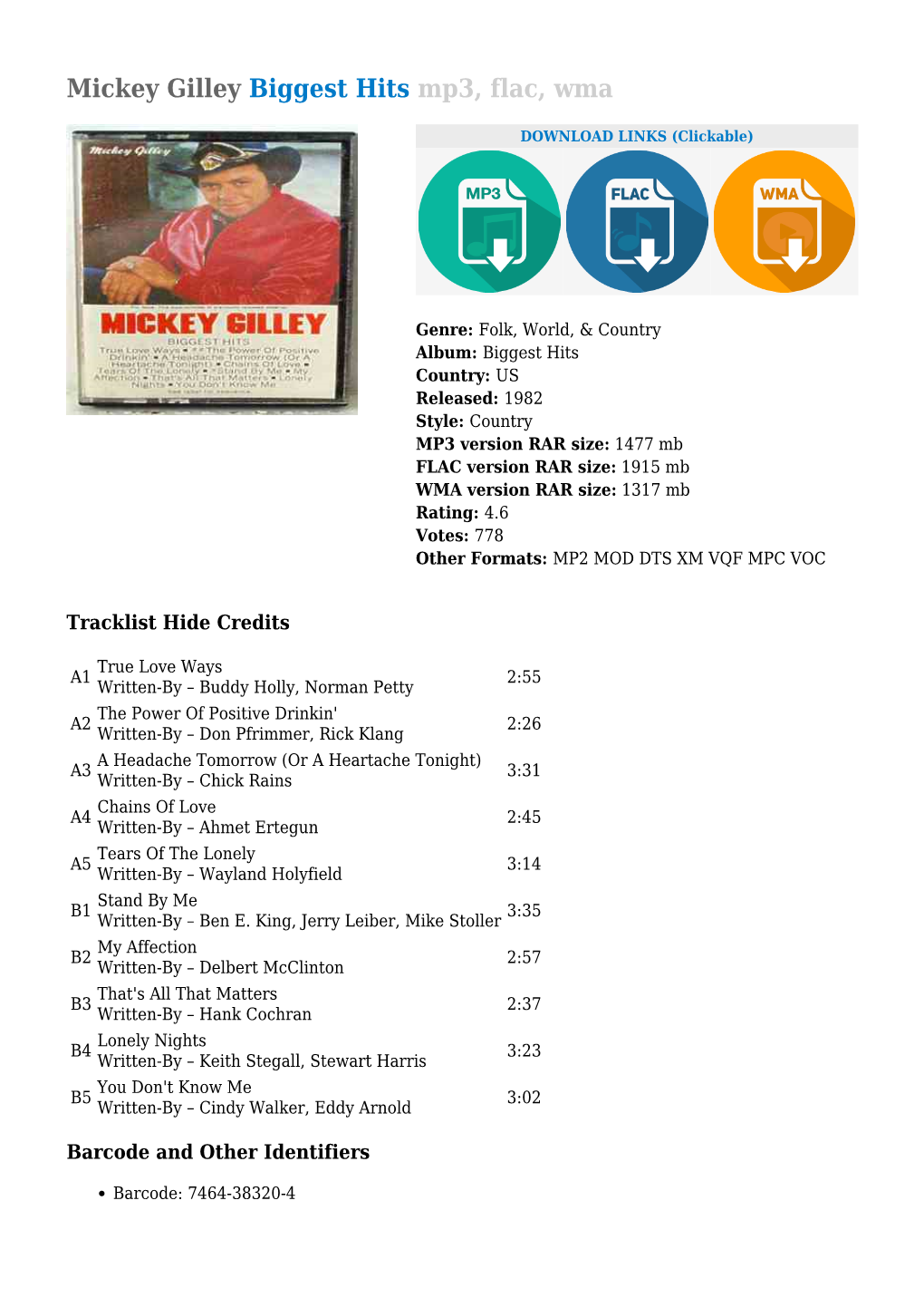 Mickey Gilley Biggest Hits Mp3, Flac, Wma