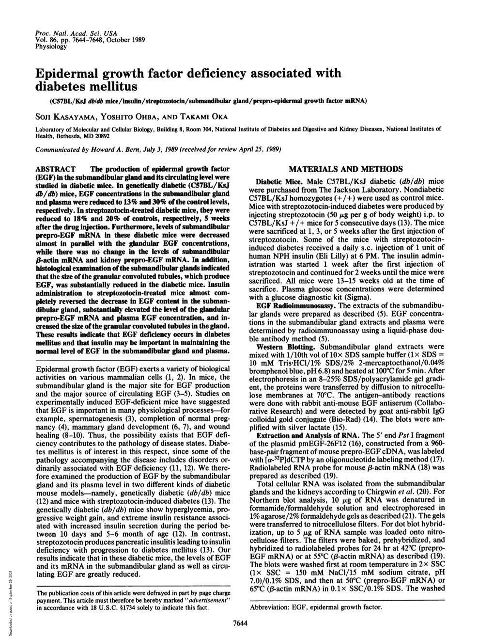 Epidermal Growth Factor Deficiency Associated with Diabetes Mellitus