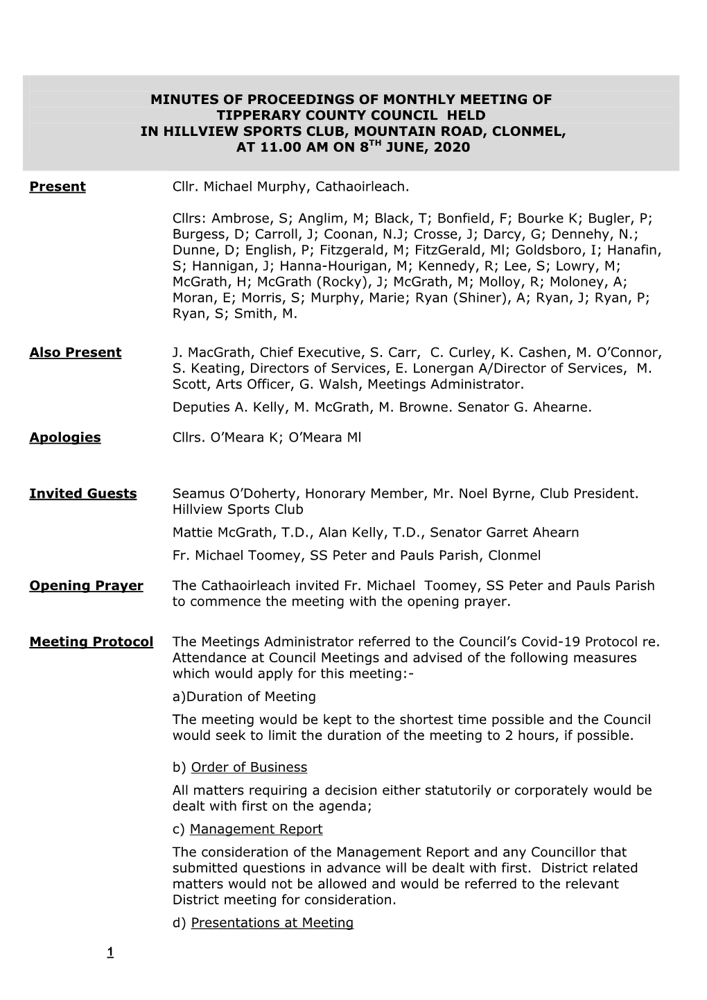 Minutes of Proceedings of Monthly Meeting of North