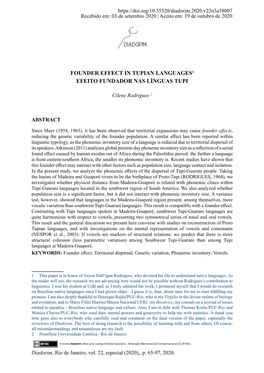 Founder Effect in Tupian Languages1 Efeito Fundador Nas Línguas Tupi