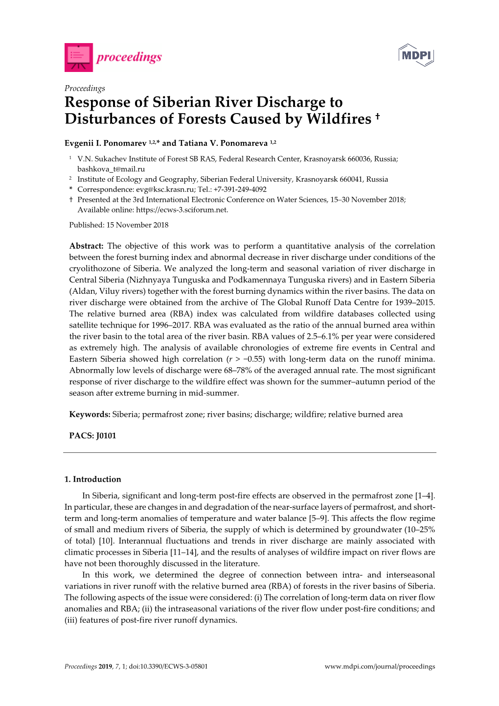 Response of Siberian River Discharge to Disturbances of Forests Caused by Wildfires †