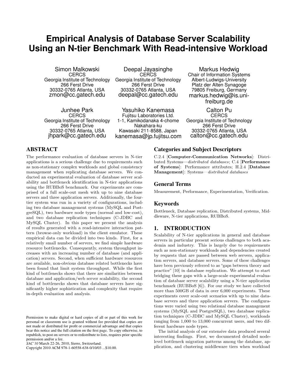 Empirical Analysis of Database Server Scalability Using an N-Tier Benchmark with Read-Intensive Workload