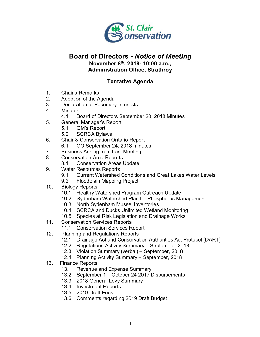 Board of Directors - Notice of Meeting November 8Th, 2018- 10:00 A.M., Administration Office, Strathroy