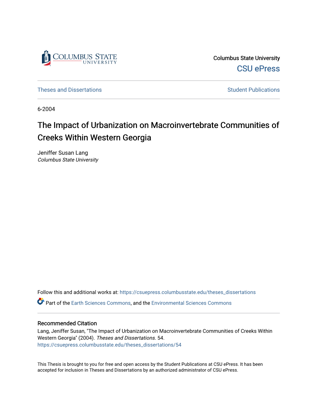 The Impact of Urbanization on Macroinvertebrate Communities of Creeks Within Western Georgia