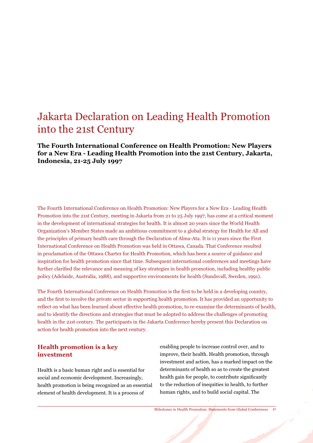 Jakarta Declaration on Leading Health Promotion Into the 21St Century
