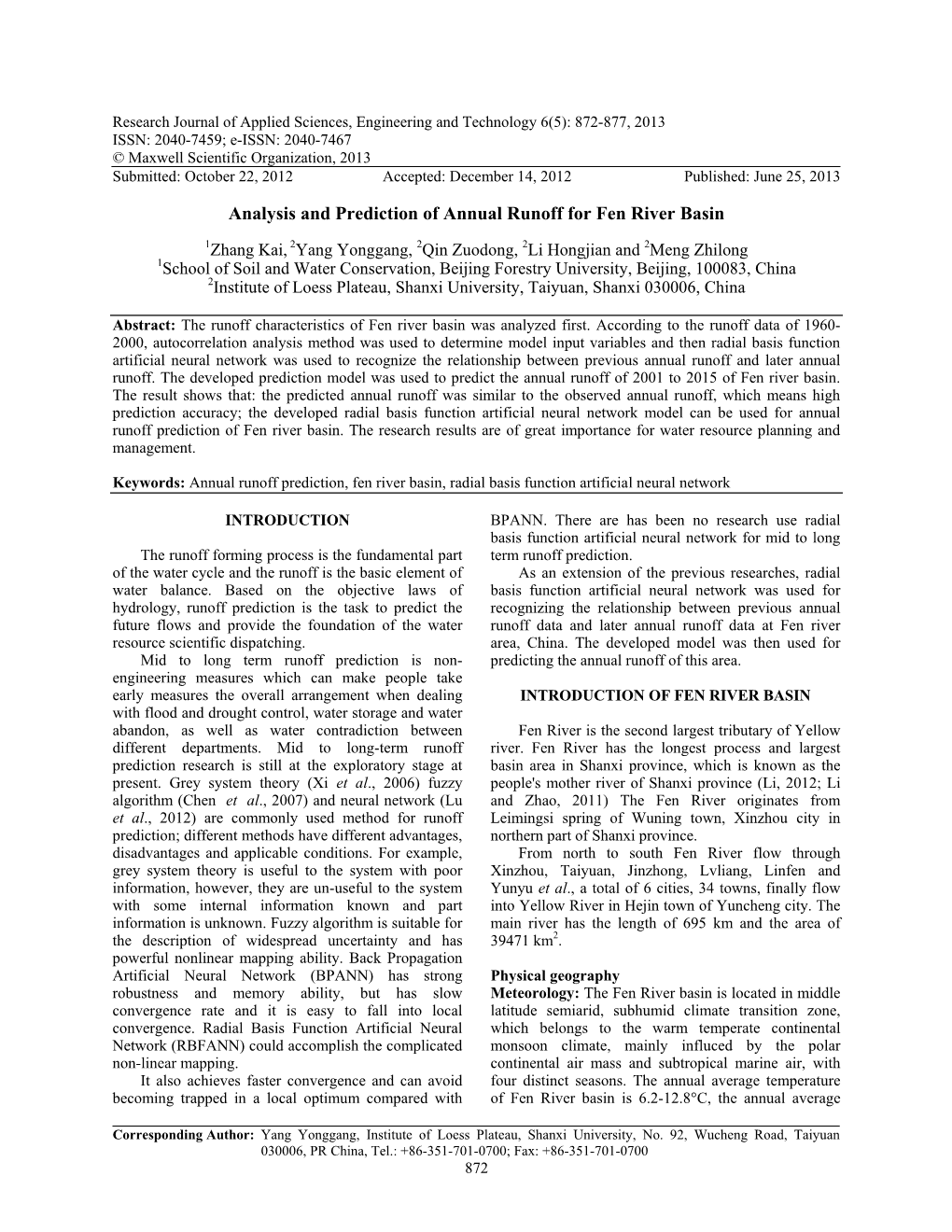 Analysis and Prediction of Annual Runoff for Fen River Basin