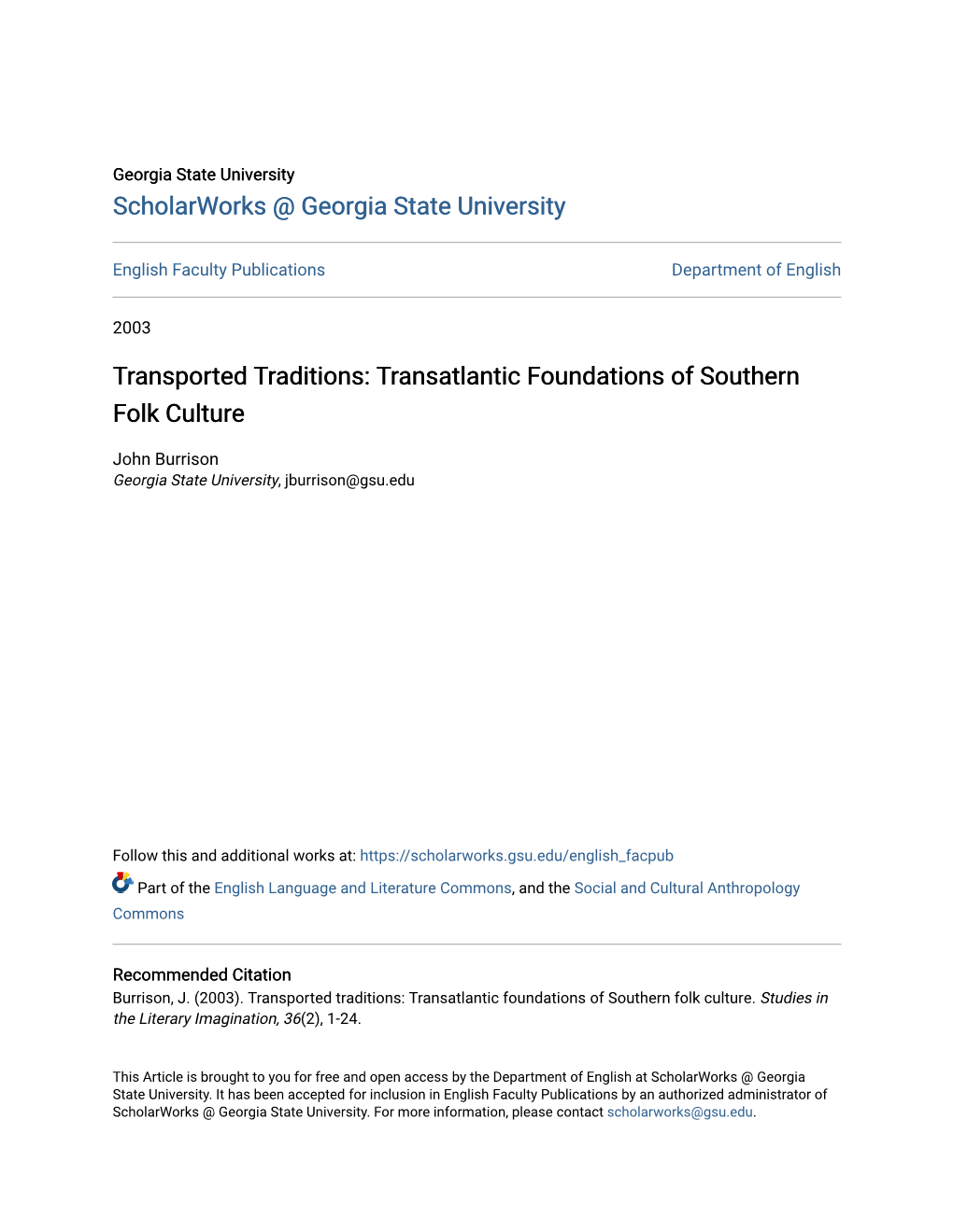 Transatlantic Foundations of Southern Folk Culture
