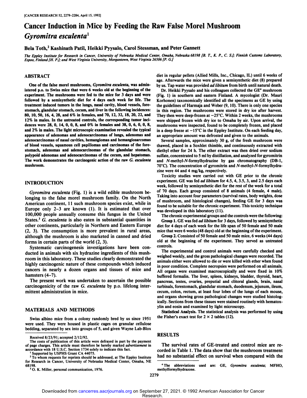 Cancer Induction in Mice by Feeding the Raw False Morel Mushroom Gyromitra Esculenta1