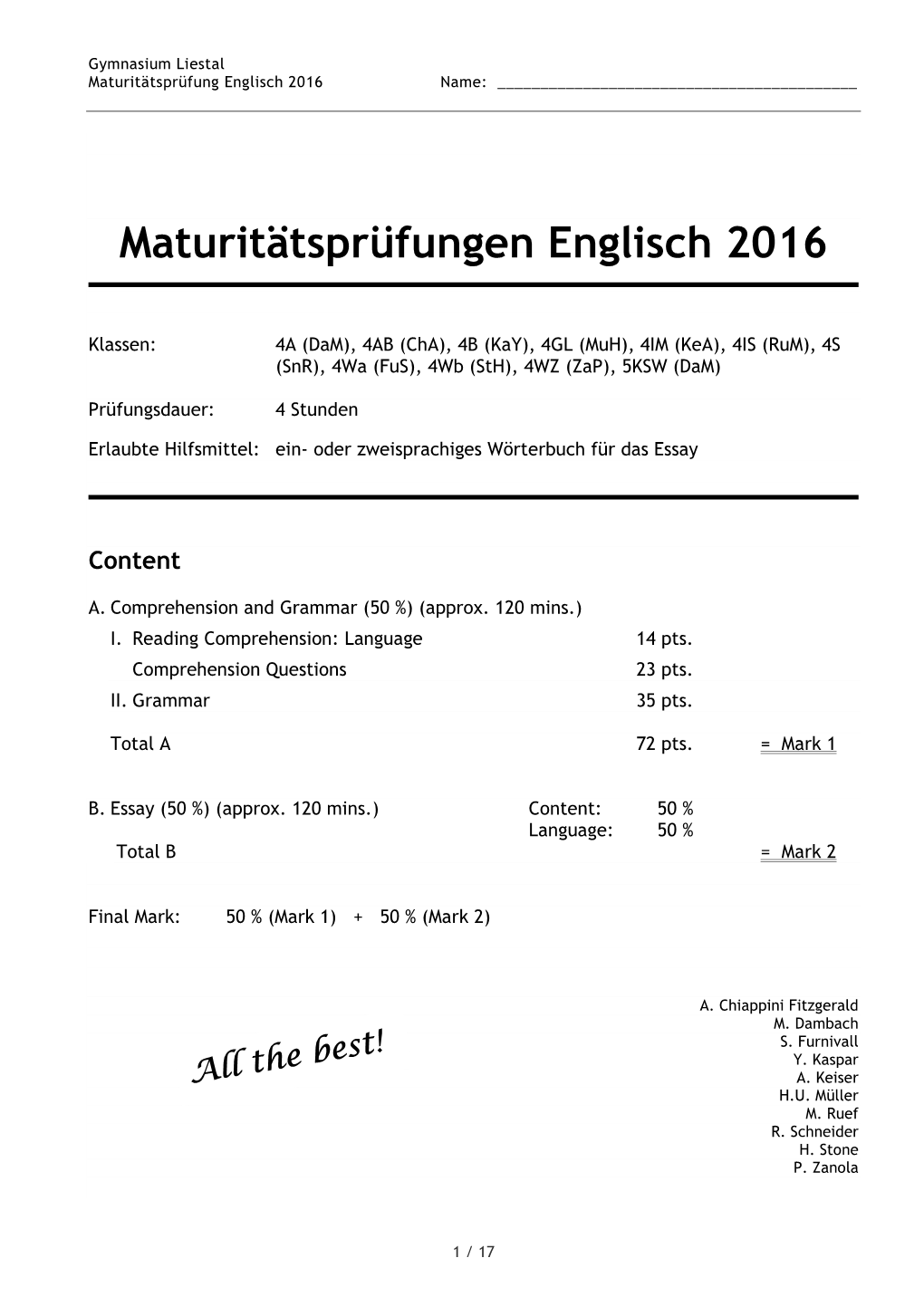 Maturitätsprüfungen Englisch 2016