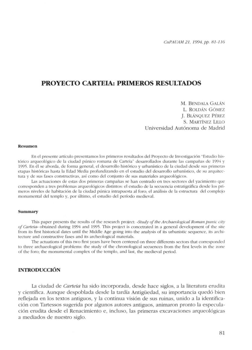 Proyecto Carteia: Primeros Resultados