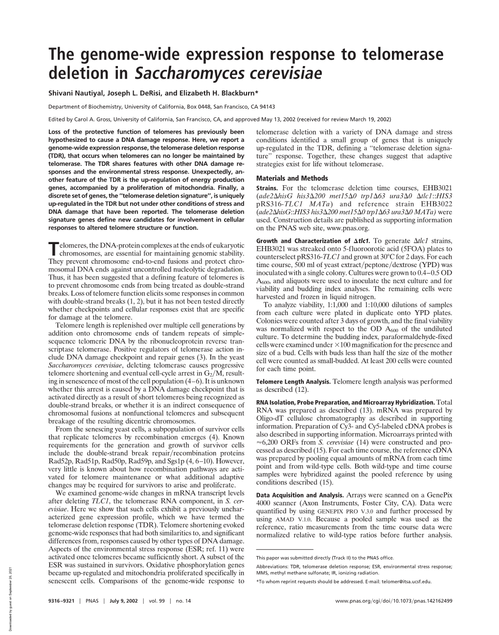 The Genome-Wide Expression Response to Telomerase Deletion in Saccharomyces Cerevisiae