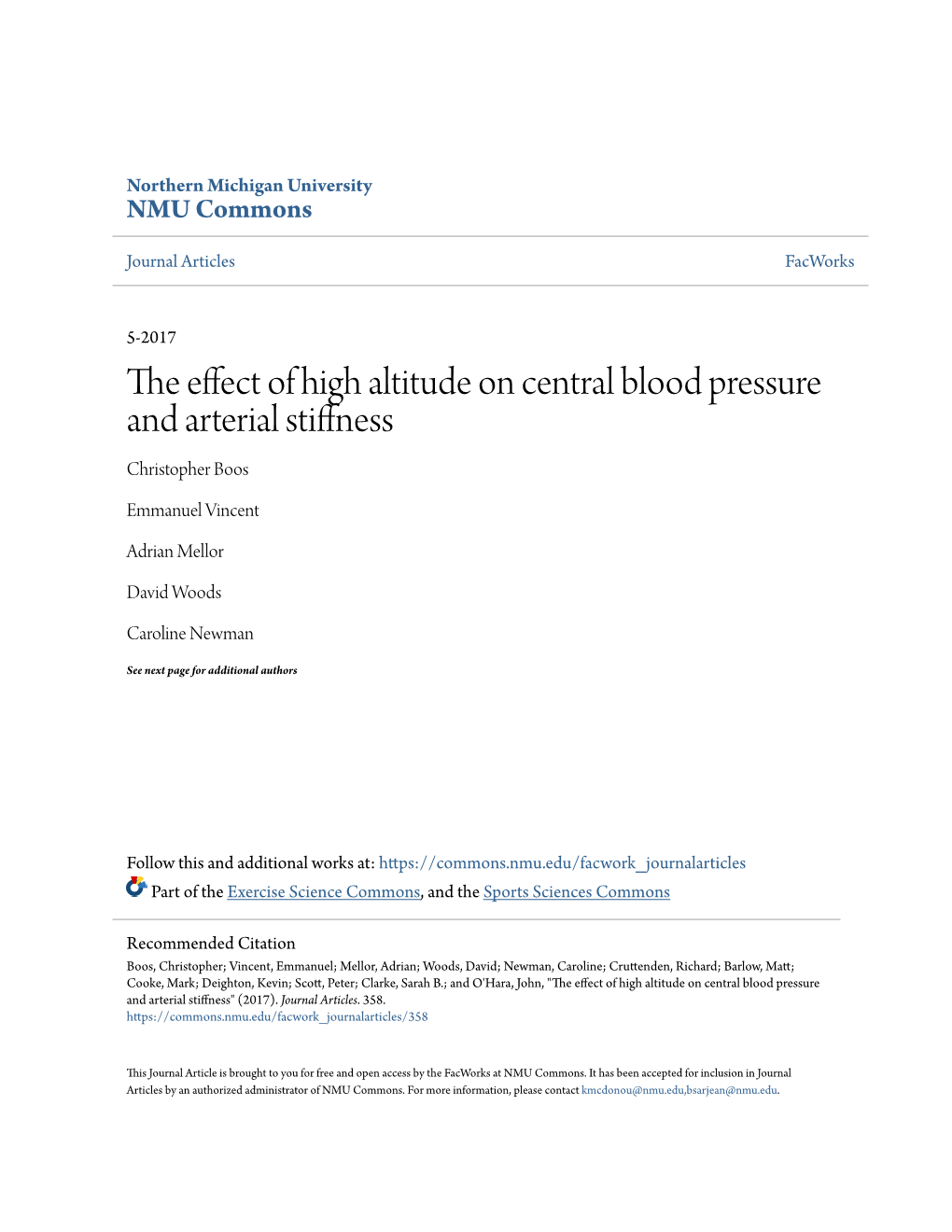 The Effect of High Altitude on Central Blood Pressure and Arterial Stiffness Christopher Boos