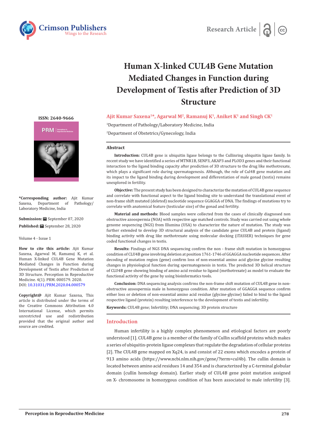 Human X-Linked CUL4B Gene Mutation Mediated Changes in Function During Development of Testis After Prediction of 3D Structure