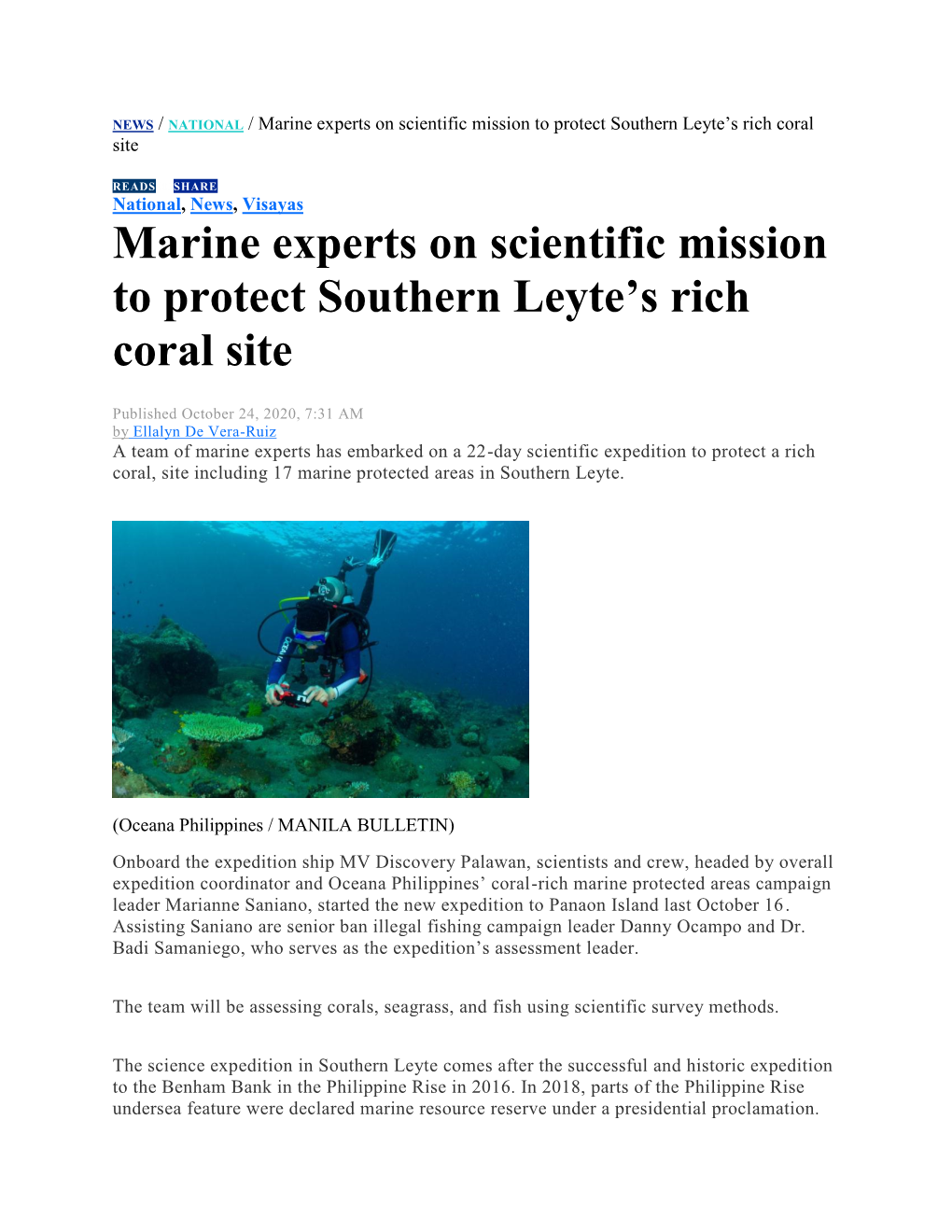 Marine Experts on Scientific Mission to Protect Southern Leyte's Rich Coral Site