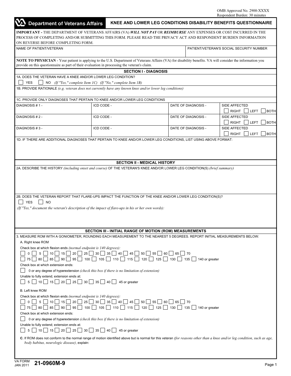 VA FORM 21-0960M-9, JAN 2011 Page 2 SECTION VI - PAINFUL MOTION, TENDERNESS and STRENGTH TESTING 6A