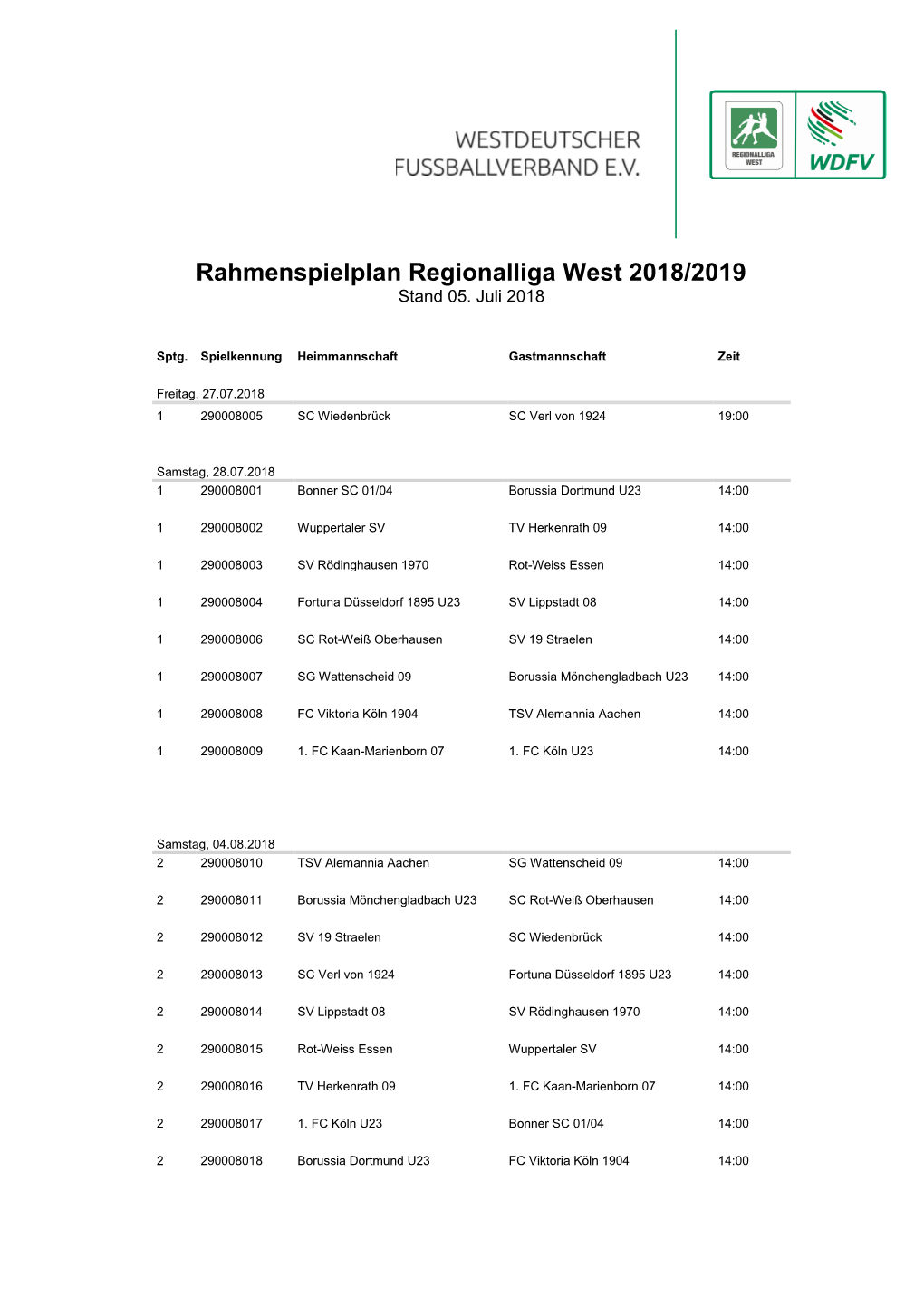 05.07.18 Rahmenspielplan Regionalliga West 2018/2019