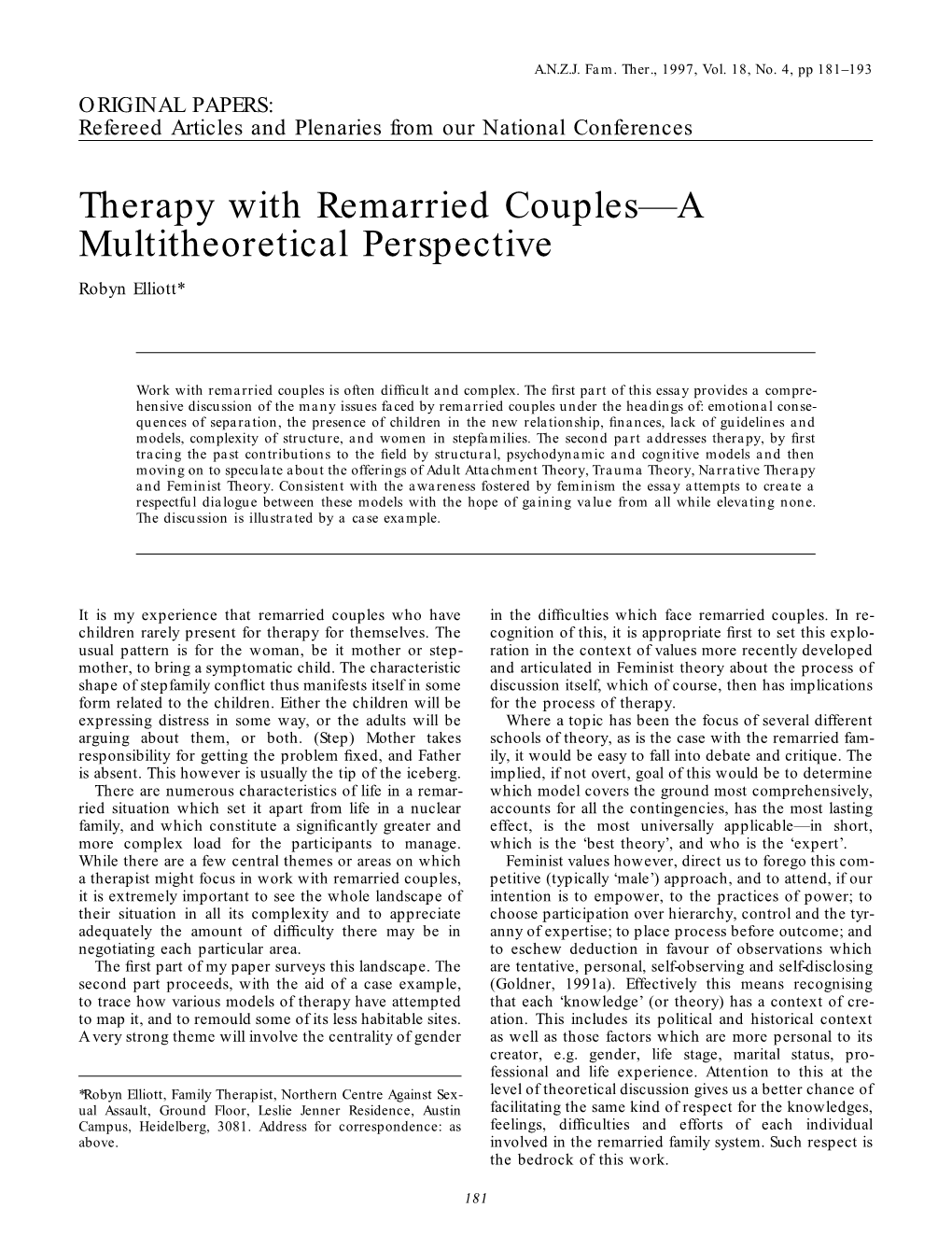 Therapy with Remarried Couples—A Multitheoretical Perspective Robyn Elliott*