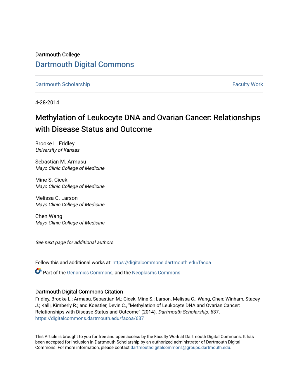 Methylation of Leukocyte DNA and Ovarian Cancer: Relationships with Disease Status and Outcome