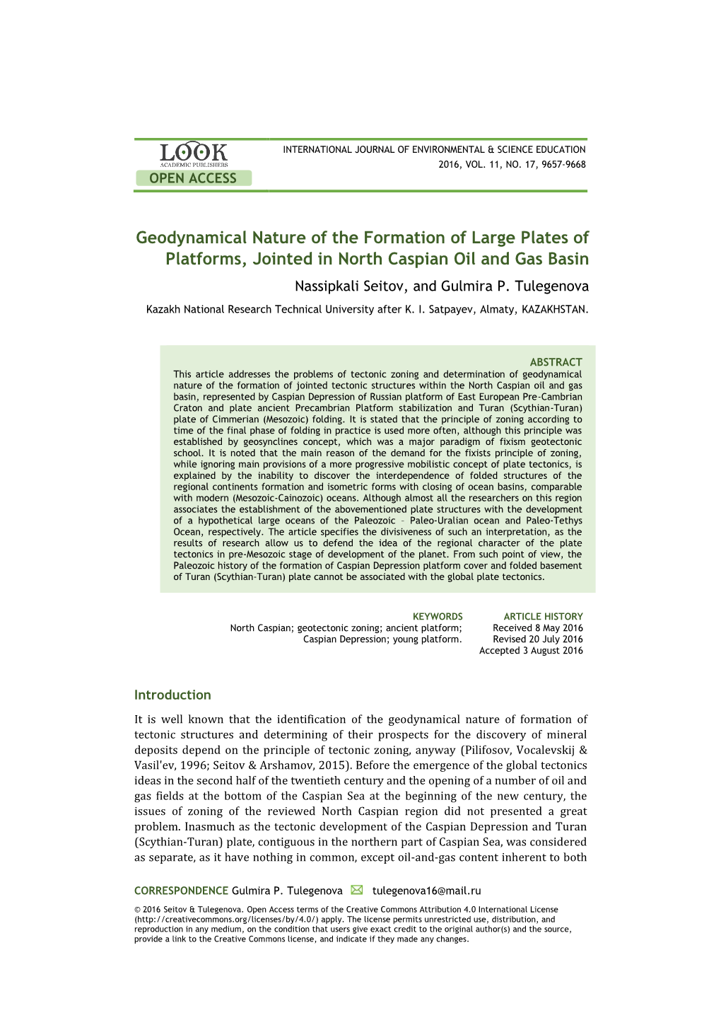 Geodynamical Nature of the Formation of Large Plates of Platforms, Jointed in North Caspian Oil and Gas Basin Nassipkali Seitov, and Gulmira P