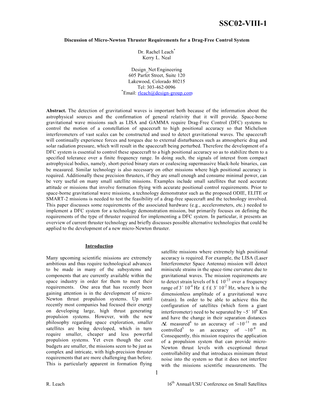 Discussion of Micro-Newton Thruster Requirements for a Drag-Free Control System